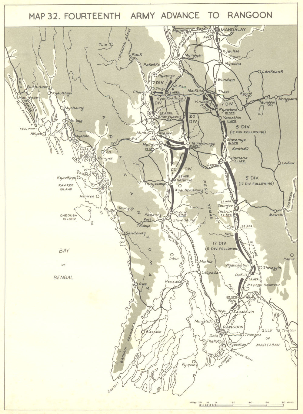 BURMA. March & Apr, 1945. 14th Army advance to Rangoon 1951 old vintage map