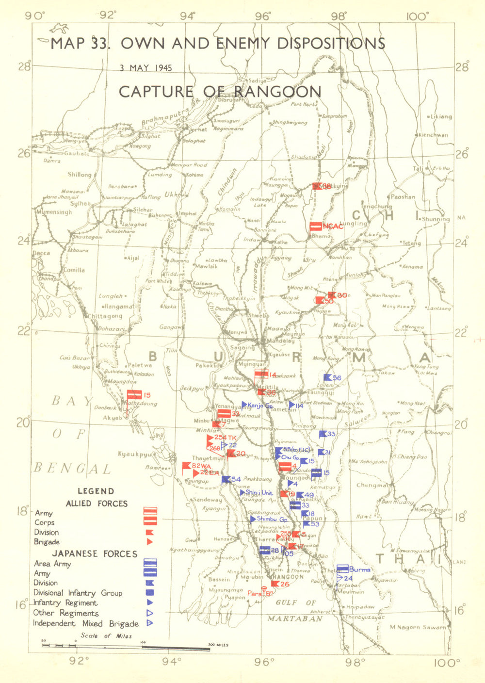 BURMA. May to Sep, 1945. Own & enemy positions capture of Rangoon-3rd 1951 map