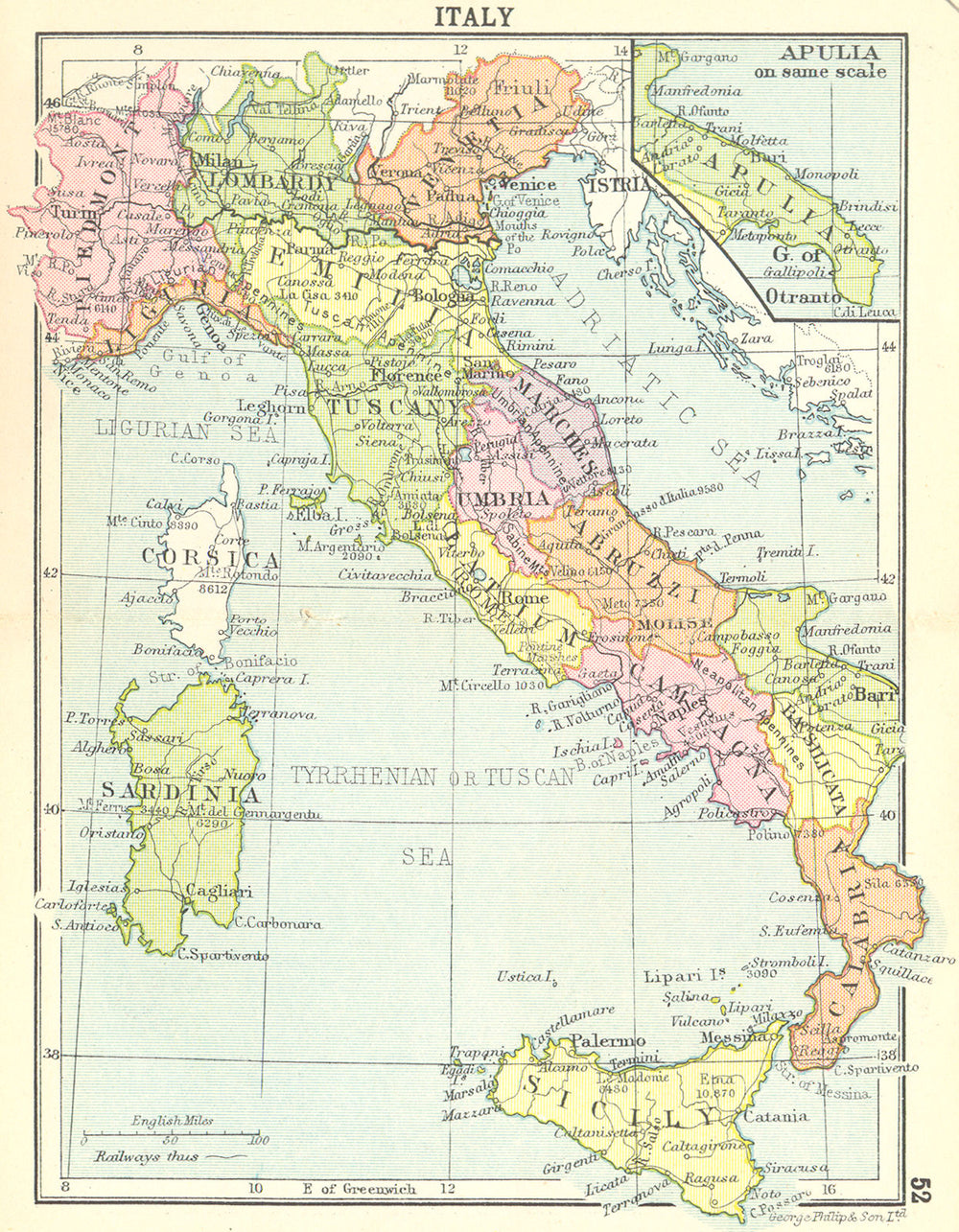 ITALY. Italy. Inset Map of Apulia on same scale; Small map 1912 old