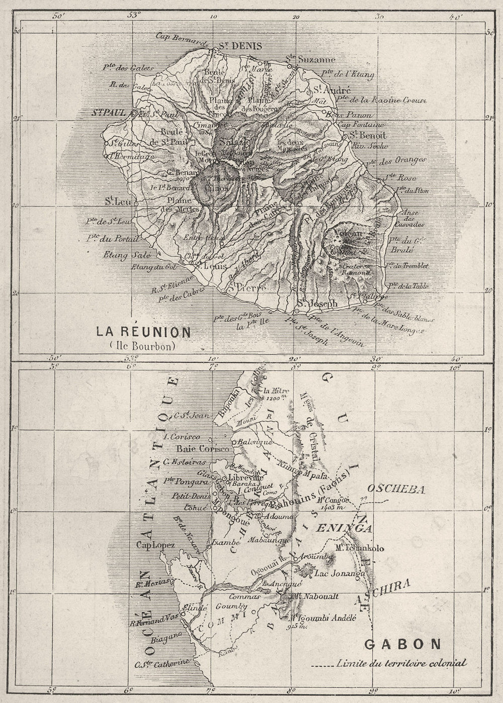 INDIAN OCEAN. La Reunion-Gabon 1878 old antique vintage map plan chart