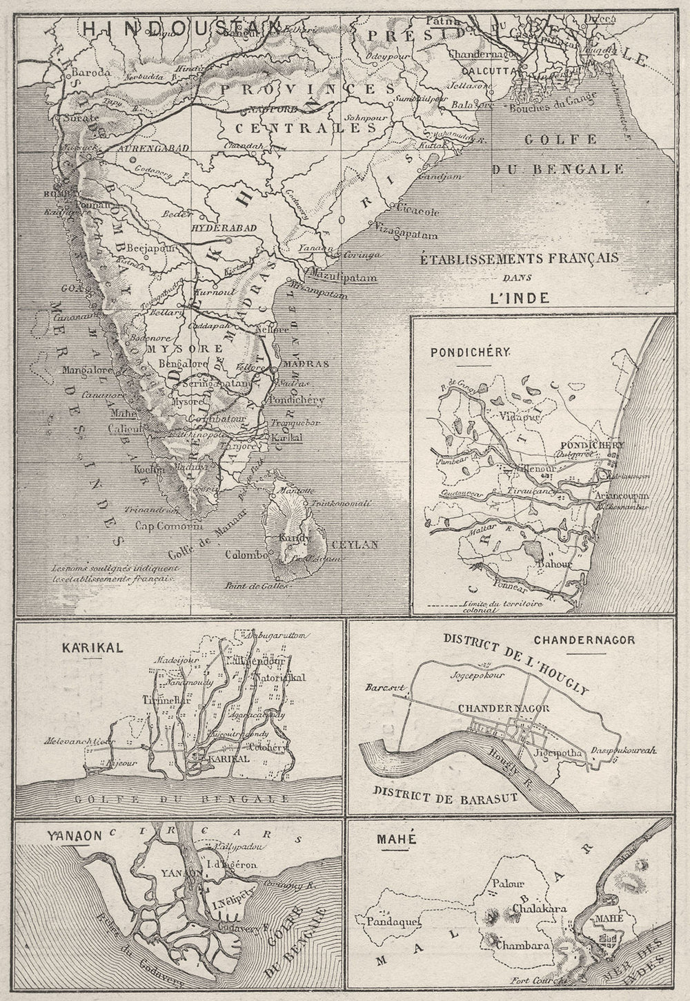 INDIA. Possessions L'Inde Pondichery Karikal Chandannagar Yanam Mahe 1878 map
