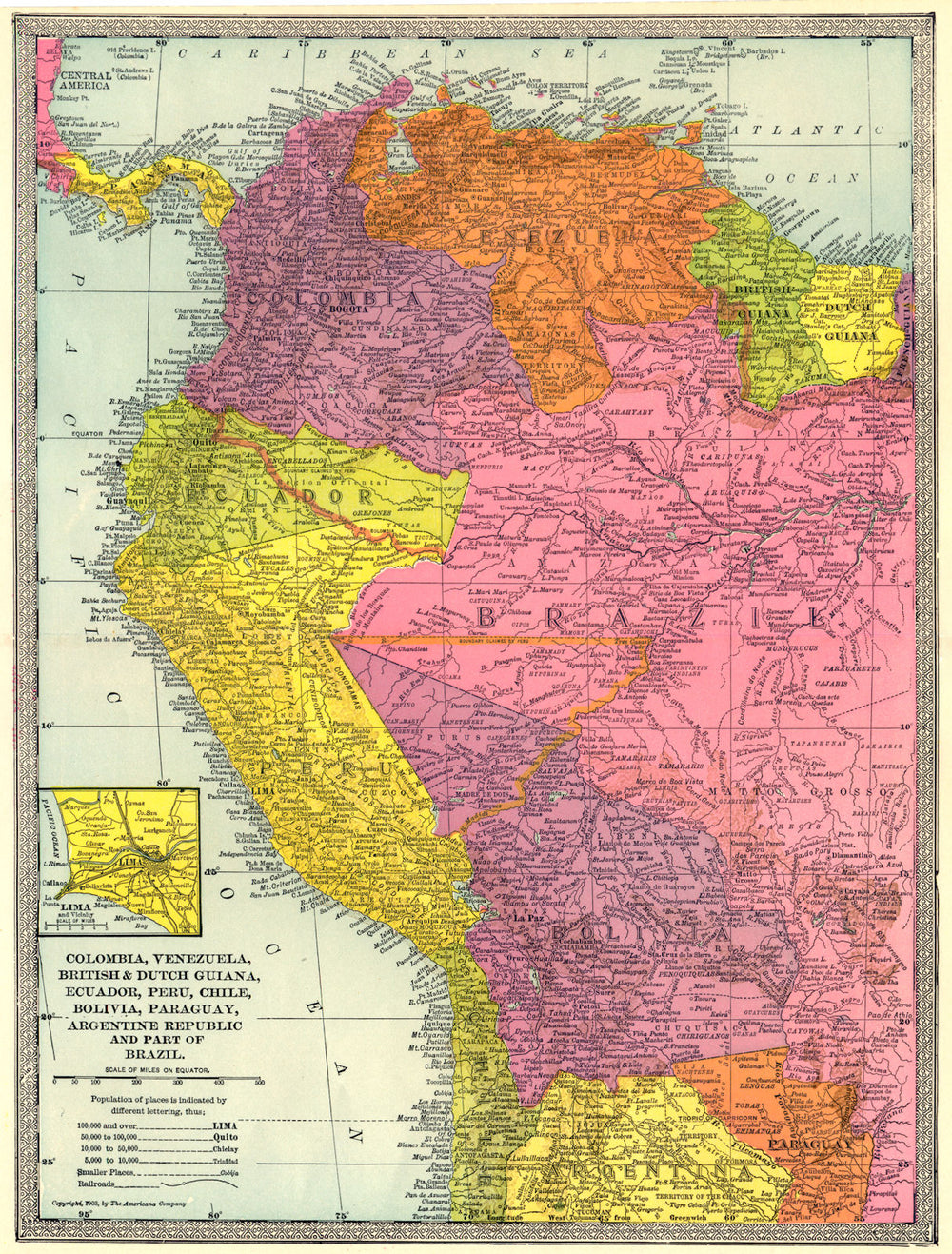 NW SOUTH AMERICA. Colombia Venezuela Ecuador Peru Bolivia Brazil. Lima 1907 map
