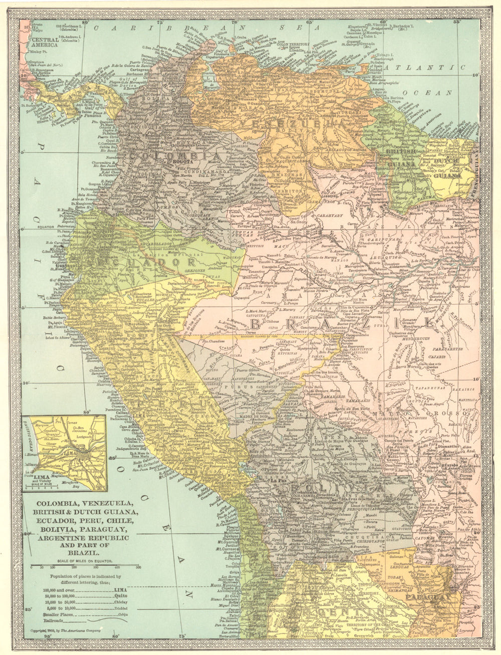 AMAZONIA & ANDEAN STATES Colombia Venezuela Ecuador Peru Bolivia Brazil 1907 map