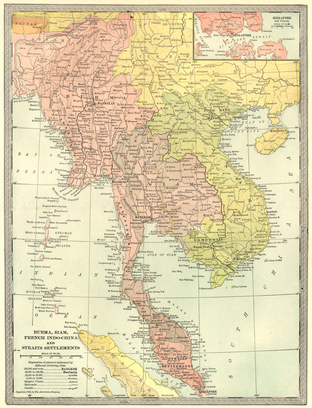 INDOCHINA. Siam Singapore Straits Settlements Burma Annam Tong King 1907 map
