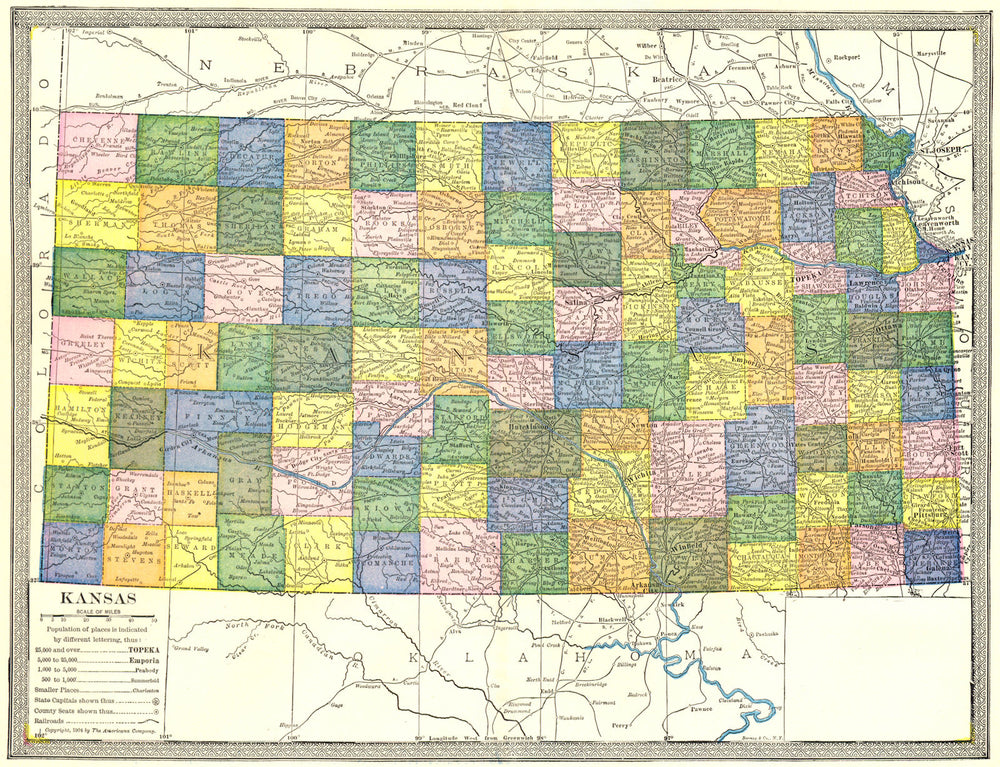 KANSAS state map. Counties 1907 old antique vintage plan chart