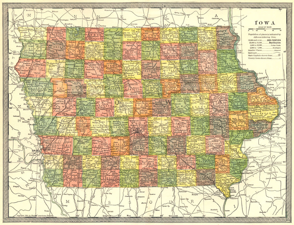 IOWA state map. Counties 1907 old antique vintage plan chart