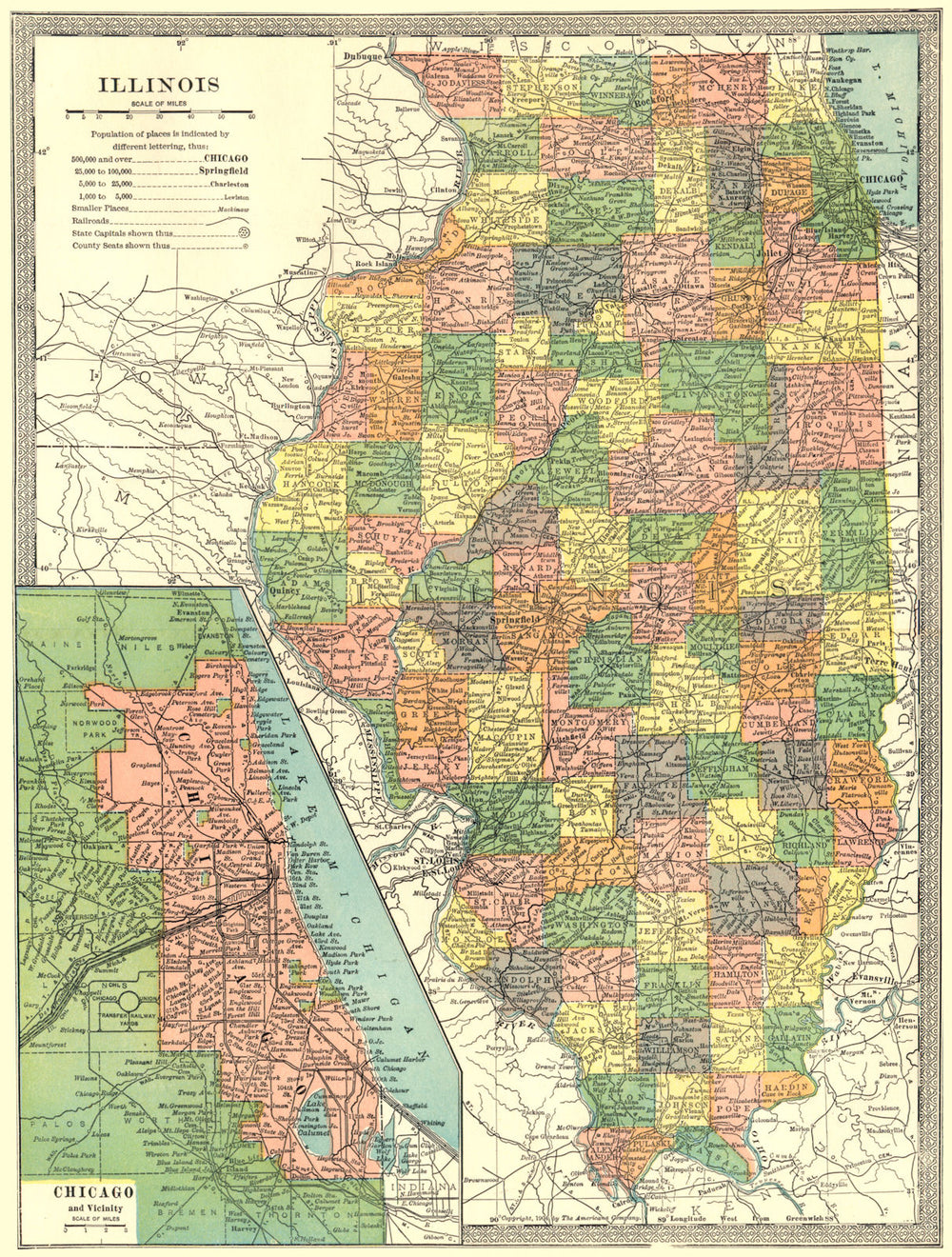 ILLINOIS state map. Counties. CHICAGO & environs 1907 old antique chart