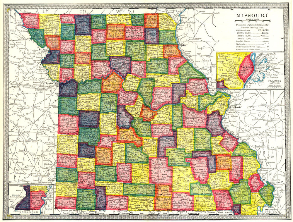 MISSOURI state map. Counties. Inset St Louis environs 1907 old antique