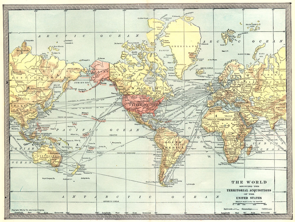 The World showing United States territorial acquisitions. Philippines 1907 map