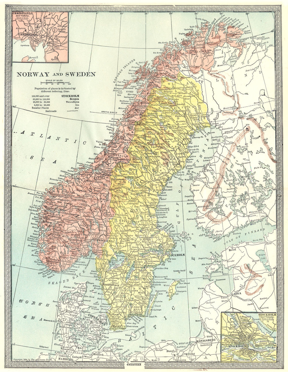 SCANDINAVIA. Norway and Sweden. Inset Stockholm & Christiania 1907 old map