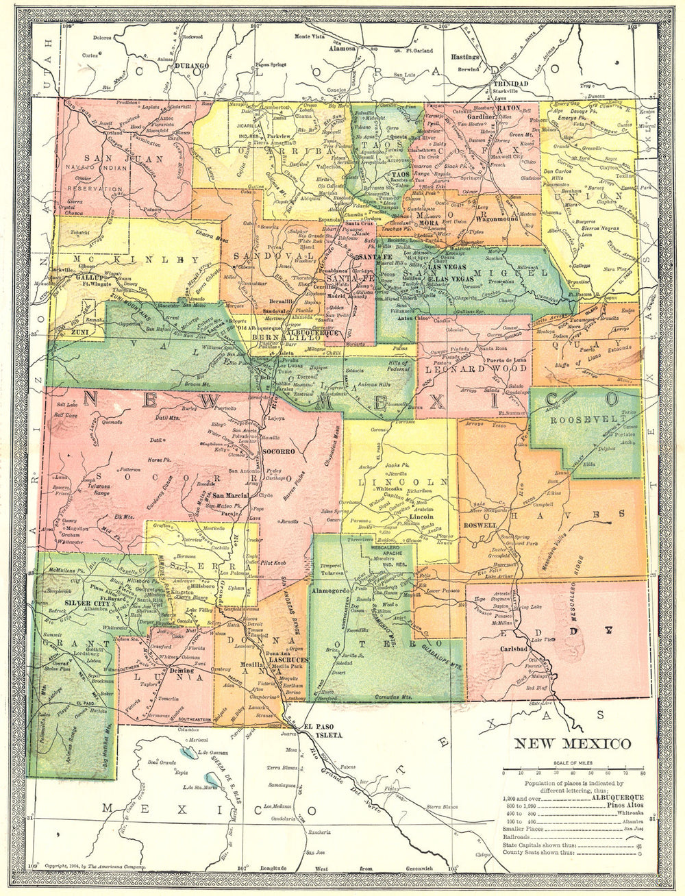 NEW MEXICO state map. Counties 1907 old antique vintage plan chart