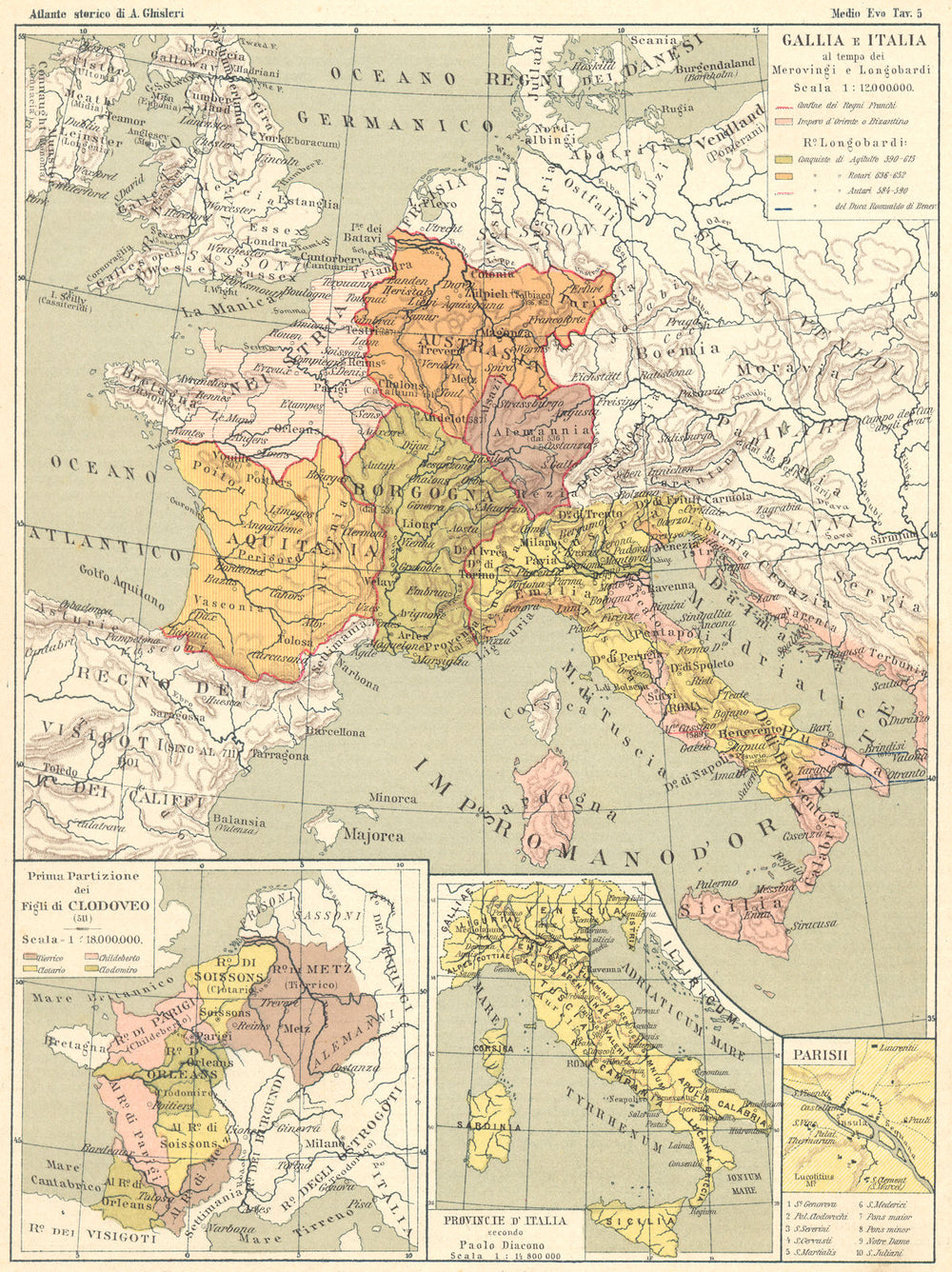GALLIA ITALIA. Merovingi longobardi; Clodoveo; Paolo Diacono; Parisi 1889 map