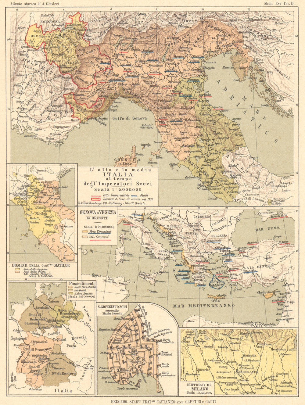ITALIA. Imperatori Svevi matilde Genova Venezia Giovanni Acri Milano 1889 map