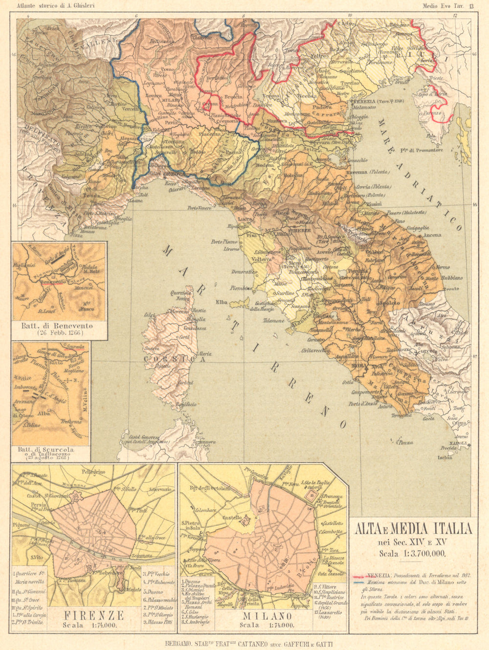 ITALIA. 14-15C Batt Benevento; Scurcola Tagliacozzo; Firenze; Milano 1889 map