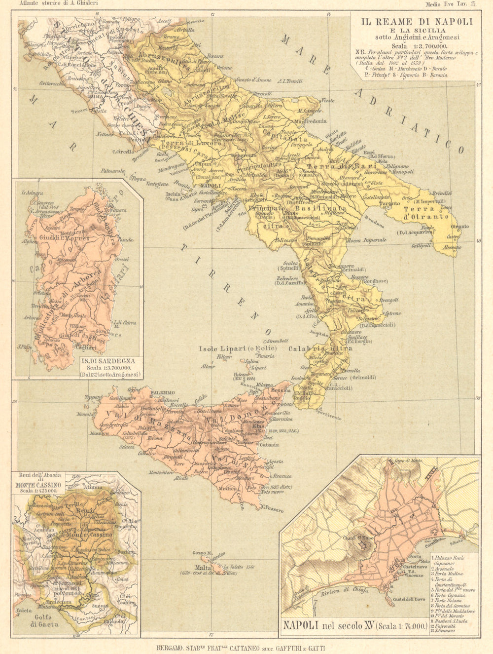 NAPOLI. Reame di Sicilia Angioini Aragonesi; Sardegna; Monte Cassino;  1889 map