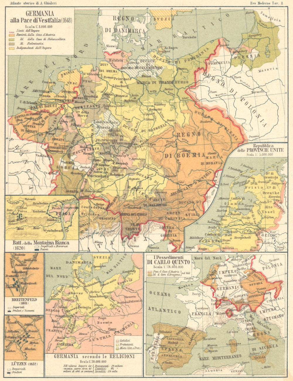 GERMANIA. Pace Vestfalia; Montagna Bianca; Lutzen; religioni; Carlo V 1889 map