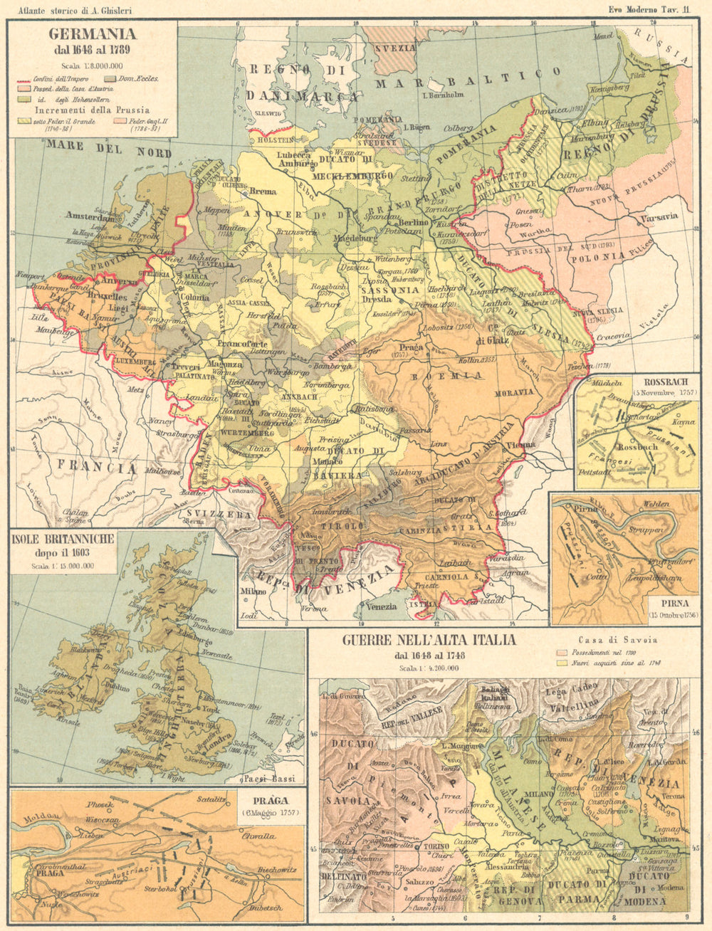 GERMANIA. Isole Britanniche; Praga; Guerre Italia; Rossbach; Pirna 1889 map