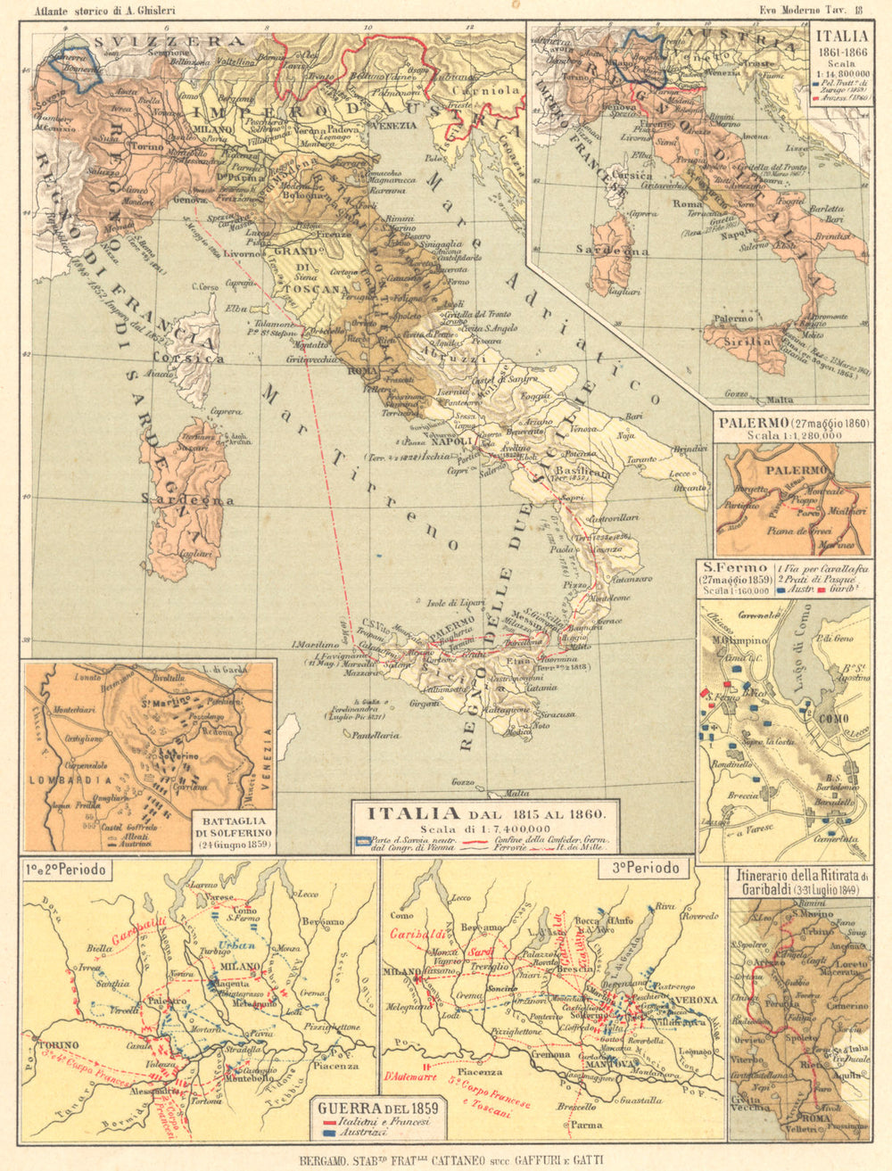 ITALIA. 1815-60; Solferino; S Fermo; Ritirata Garibaldi; Guerra 1859 1889 map