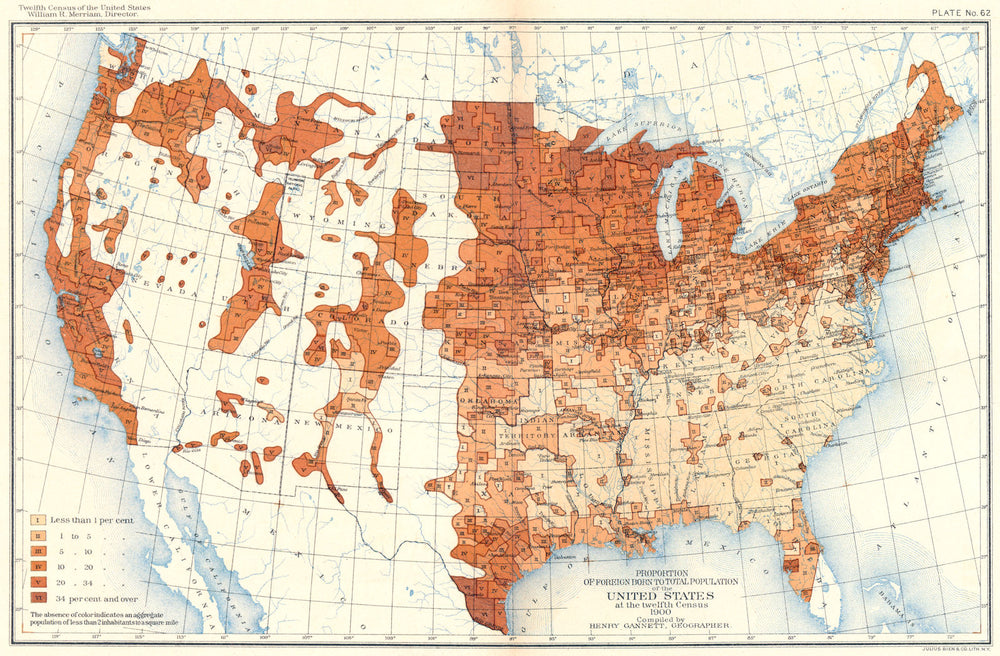 USA. % foreign born total population US 12th census  1900 old antique map