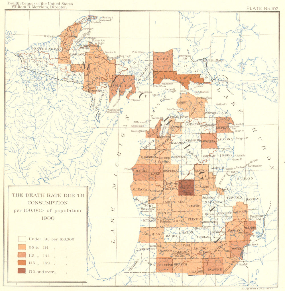 USA. Death rate due to TB per 100, 000 of population  1900 old antique map