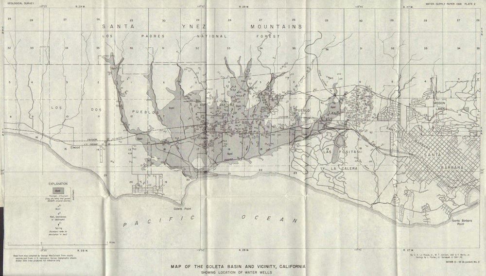 CALIFORNIA. Santa Barbara county. Goleta basin; water wells 1944 old map