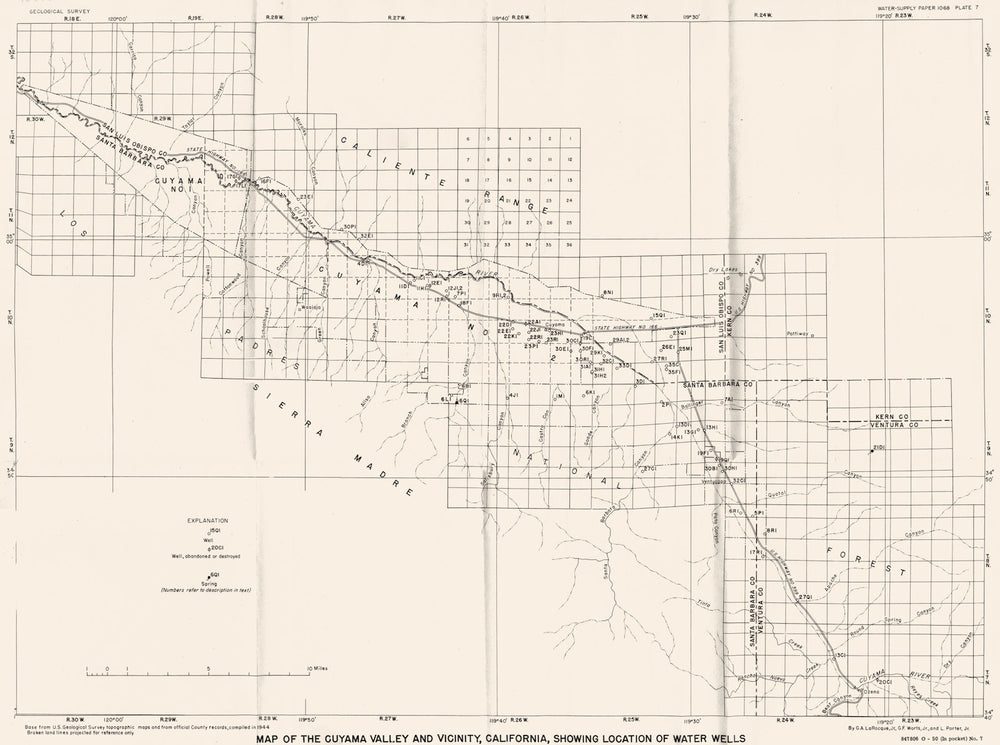 CALIFORNIA.Santa Barbara.Cuyama Valley showing location of water wells 1944 map