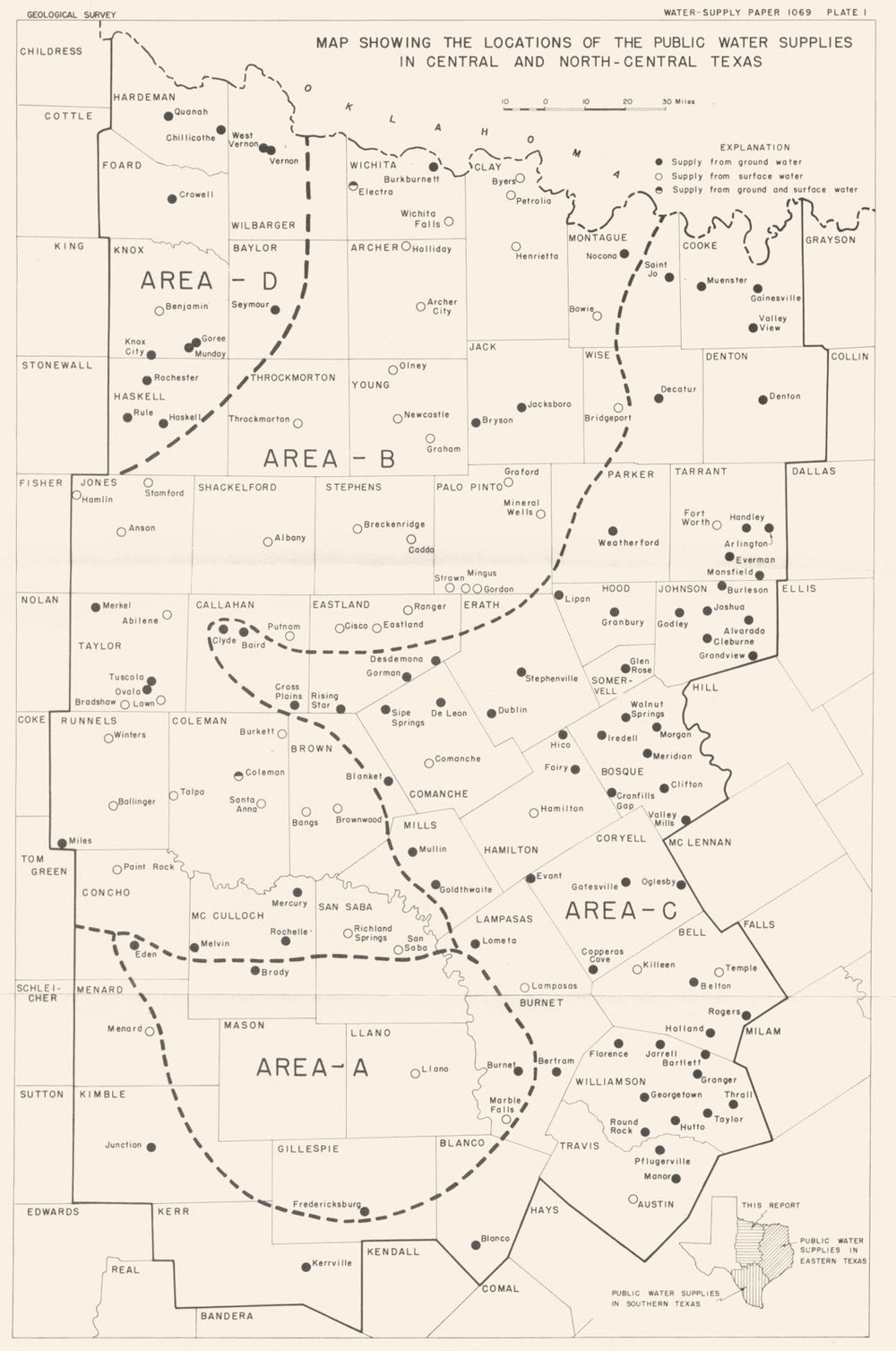 TEXAS. public water supplies in Central and North-Central Texas 1944 old map