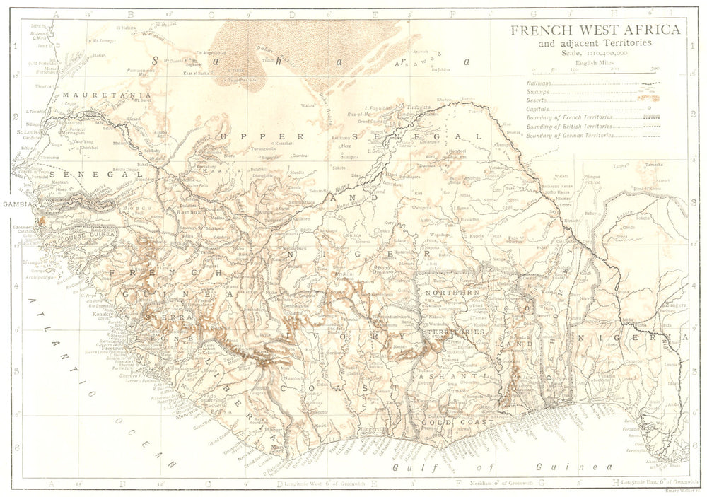 French West Africa. Senegal Guinea Liberia Niger Mali Ivory Coast Ghana 1910 map