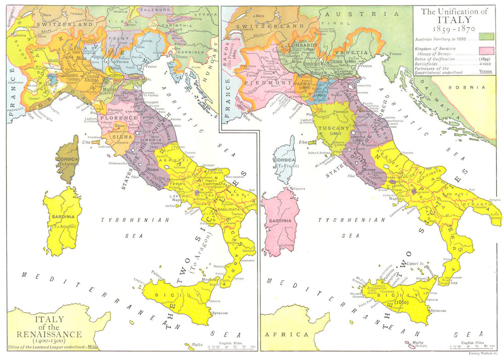 ITALY. of Renaissance (1400-1500); Unification (1859-1870) 1910 old map