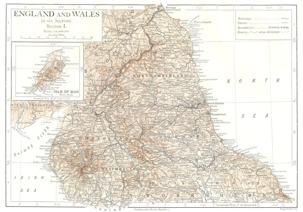 NORTHERN ENGLAND. Cumbs Durham Northumbs Yorkshire; Inset Isle of Man 1910 map