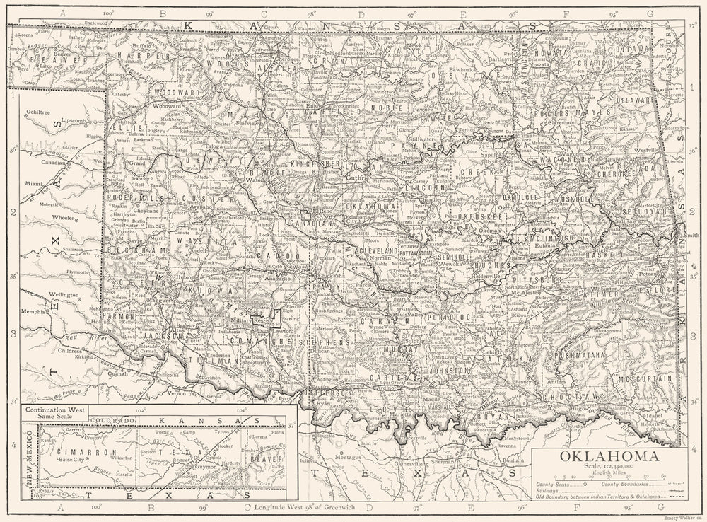 OKLAHOMA. Oklahoma state map showing counties 1910 old antique plan chart