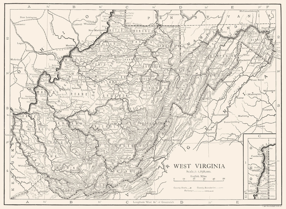 WEST VIRGINIA. West Virginia state map showing counties 1910 old antique