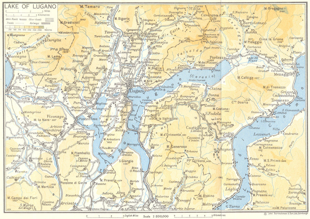 Lake/Lago di Lugano 1960 old vintage map plan chart
