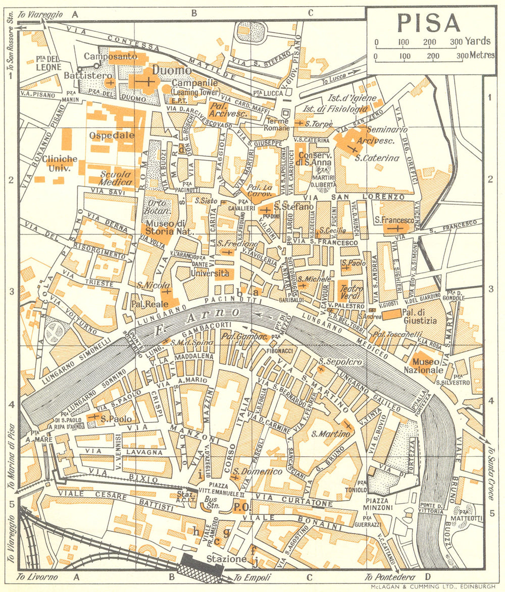 PISA town/city plan. Italy 1960 old vintage map chart