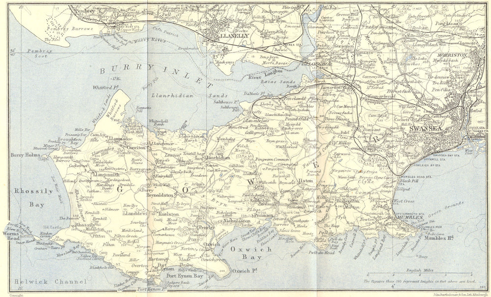 THE GOWER PENINSULA. Llanelli Swansea Mumbles. Wales. WARD LOCK 1950 old map