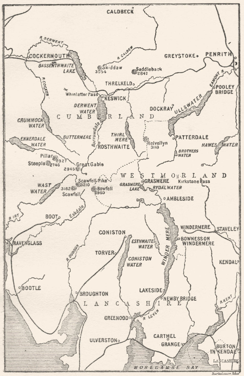 CUMBRIA. Lake district. Sketch map of the English Lake District 1908 old