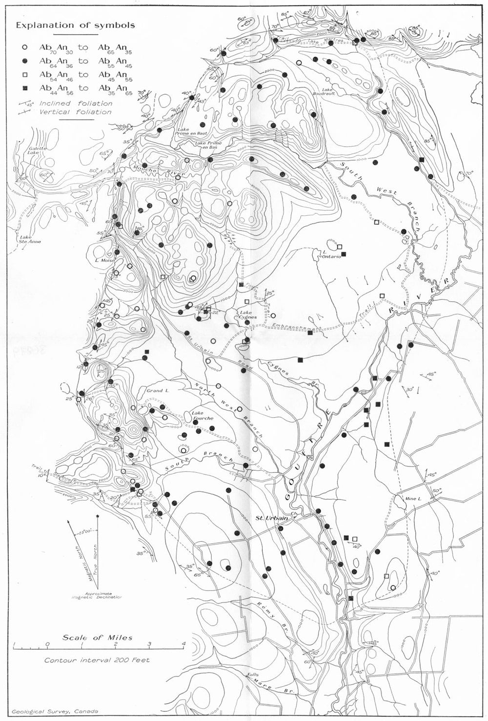QUEBEC. St Urbain anorthosite structure, Charlevoix district. Geology 1927 map