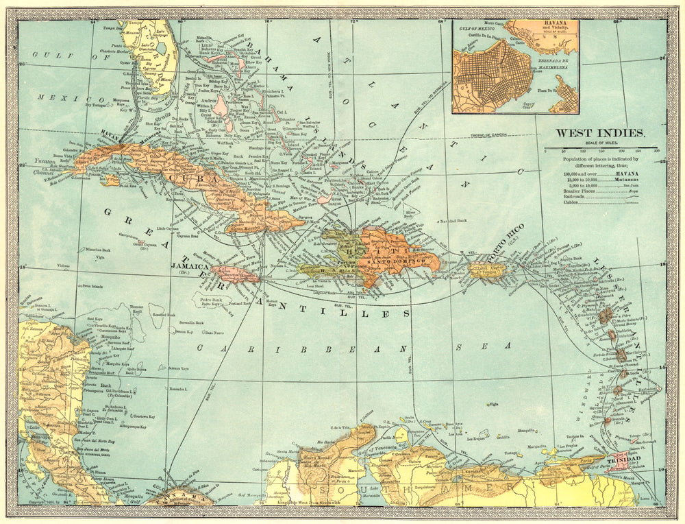 WEST INDIES. Telegraph cables. Havana & environs. Caribbean 1907 old map