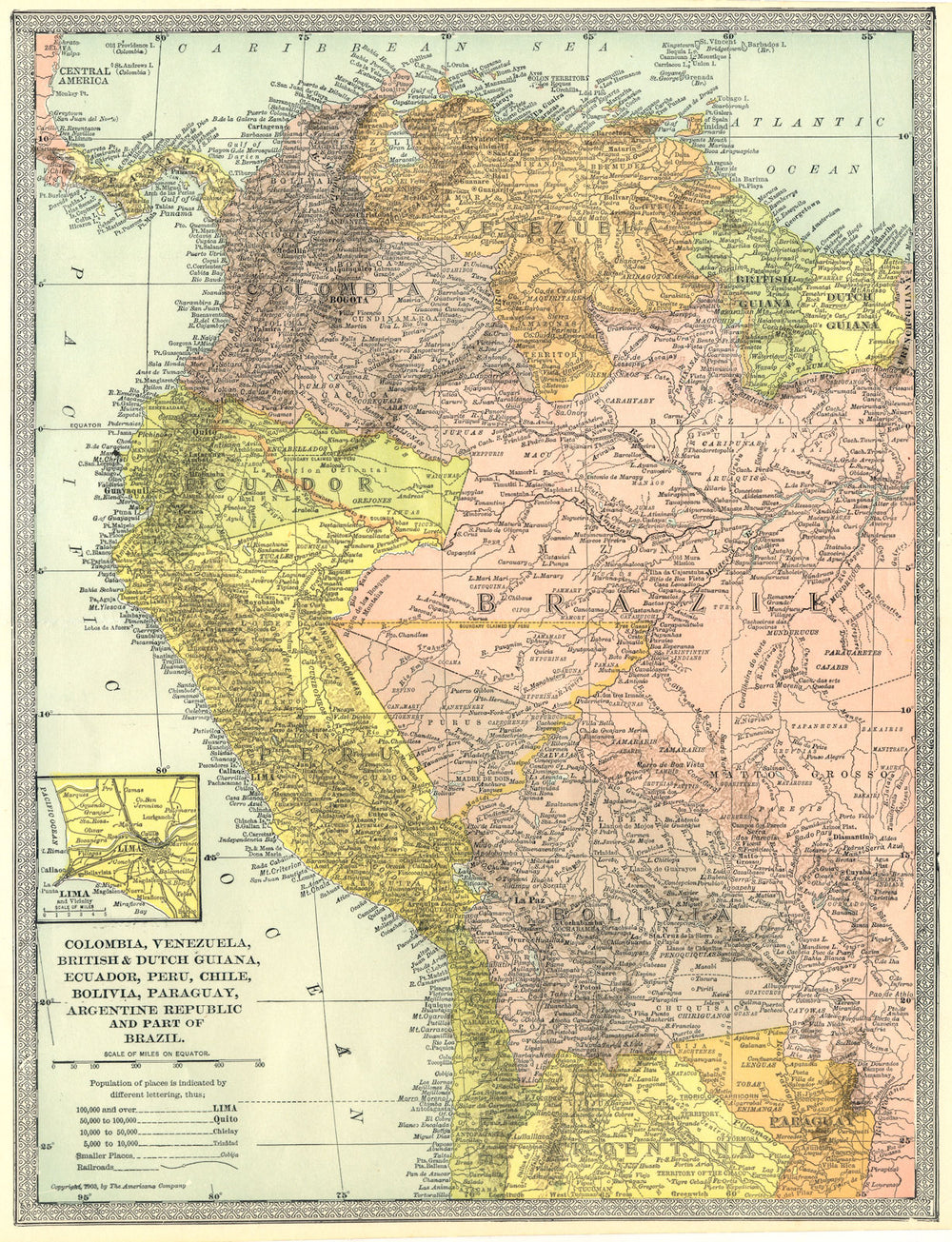 SOUTH AMERICA NW. Colombia Venezuela Ecuador Peru Bolivia Brazil. Lima 1907 map