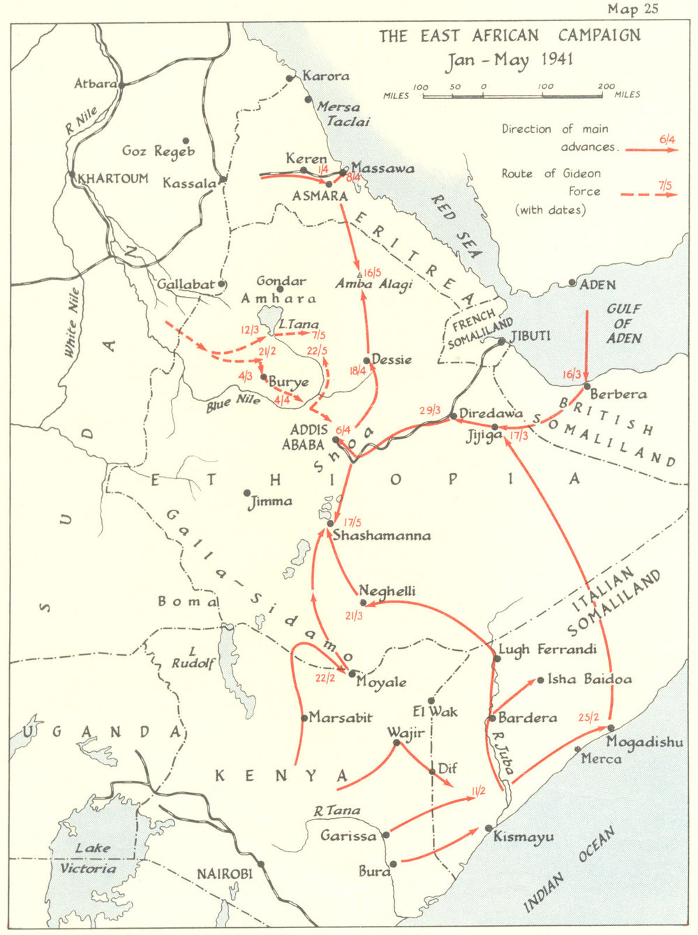 East African campaign Jan-May 1941. World War Two Ethiopia Gideon Force 1954 map