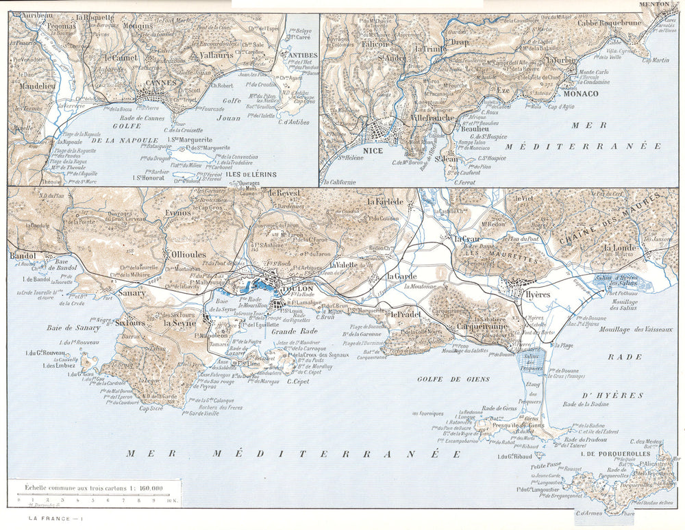 VAR. Toulon- Cannes- Nice. Hyères Porquerolles 1900 old antique map plan chart