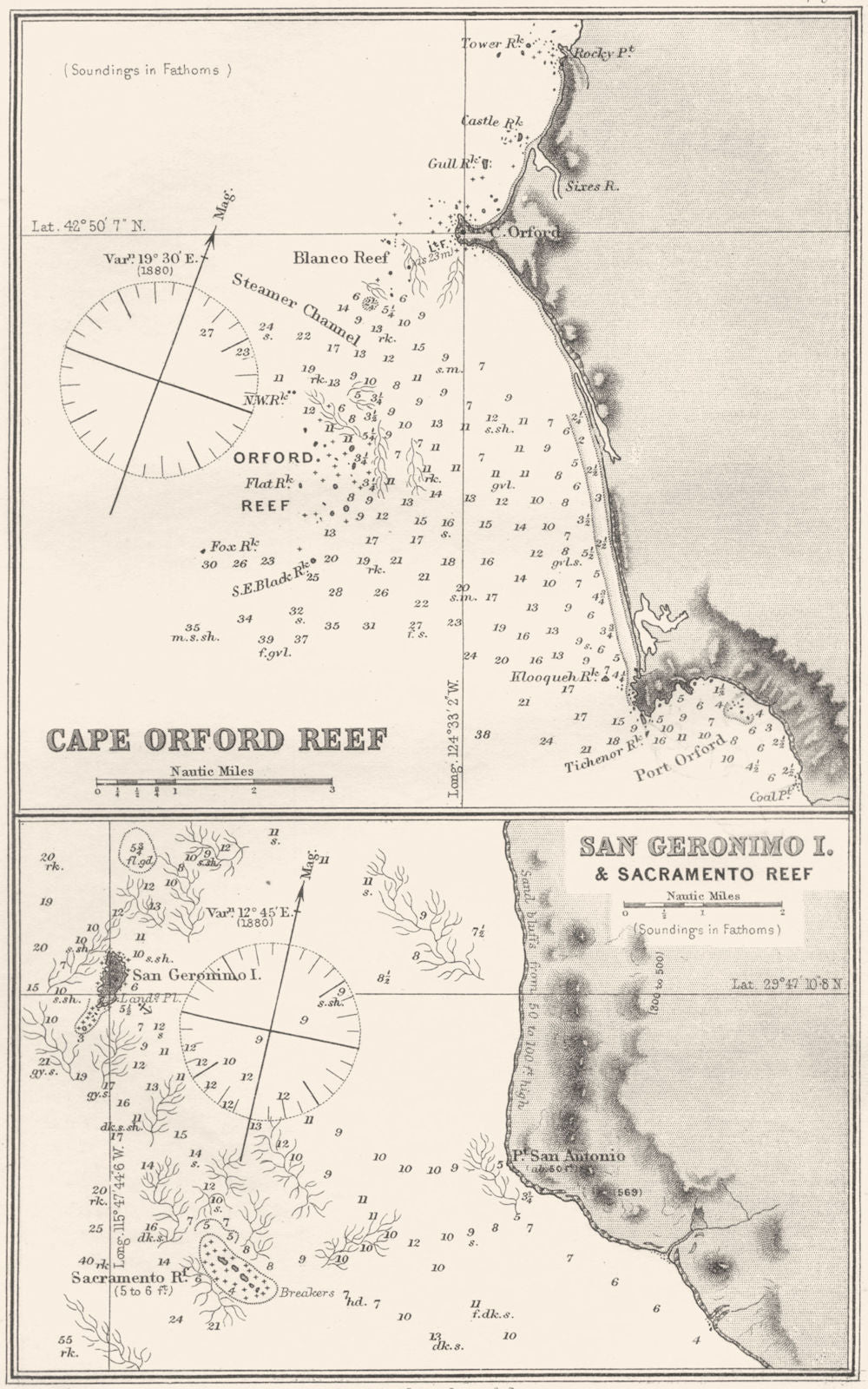 OREGON.Sea chart of Cape Orford Reef;San Geronimo I.& Sacramento Reef 1881 map