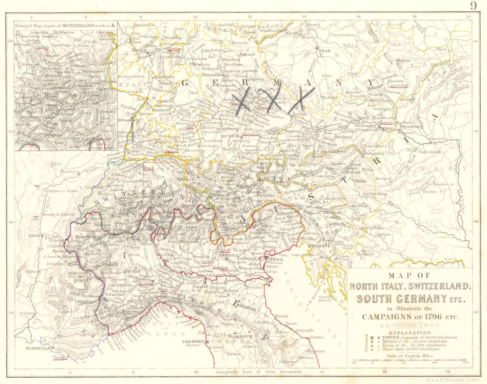 1796 CAMPAIGN MAP. North Italy, Switzerland, South Germany 1848 old