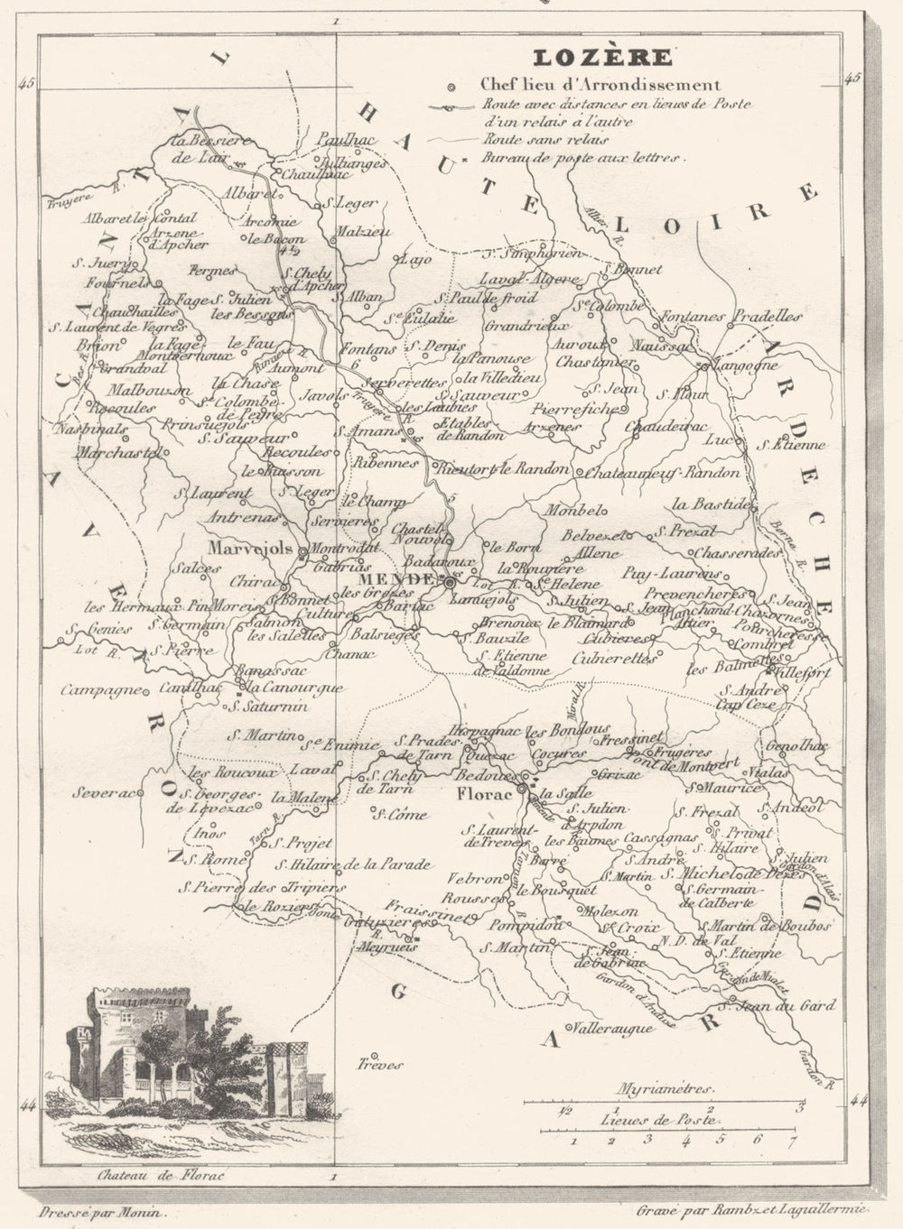 LOZÈRE. Département de la Lozère 1835 old antique vintage map plan chart