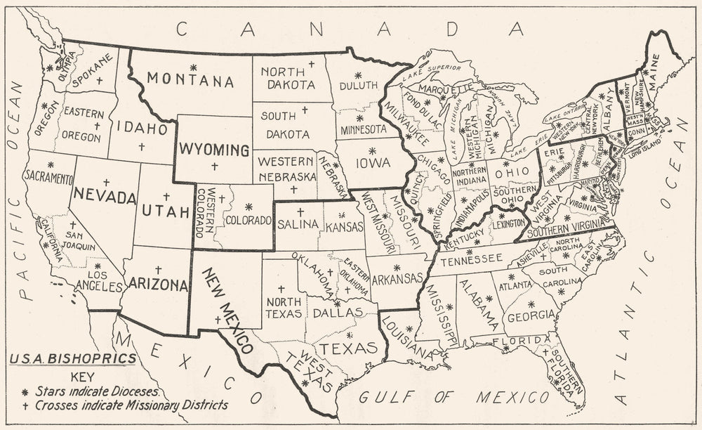 USA. Bishoprics American Church. S. Stars Indicate Missionary Districts 1922 map