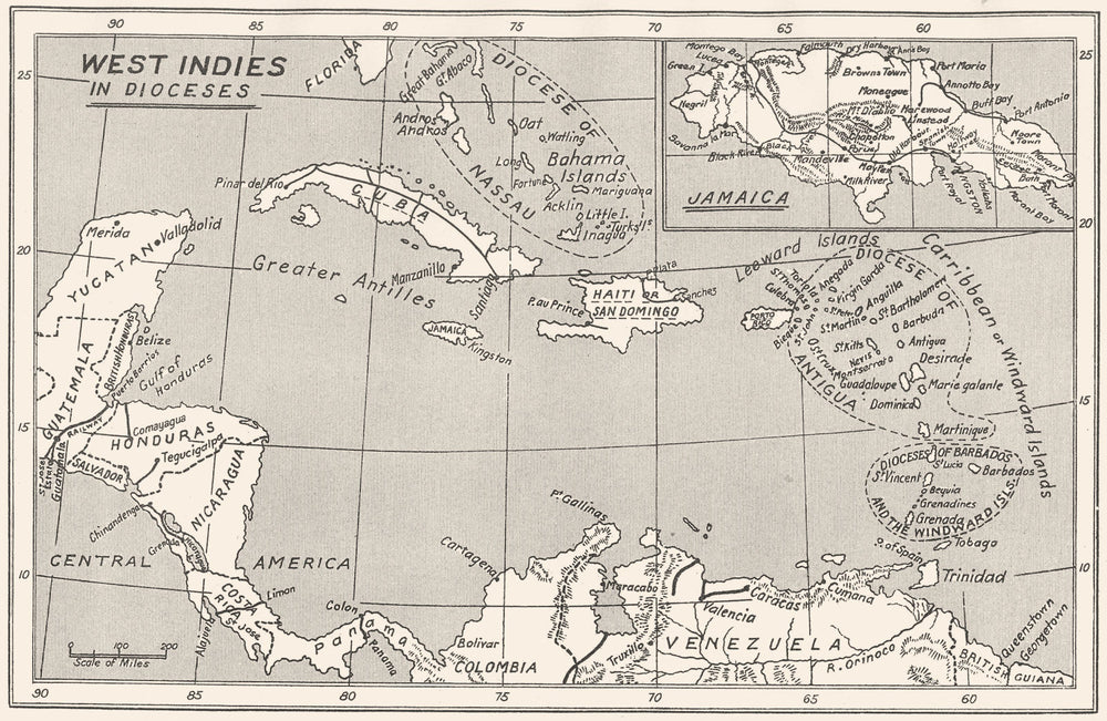 WEST INDIES. West Indies in Dioceses; USA Bishoprics Church of England 1922 map