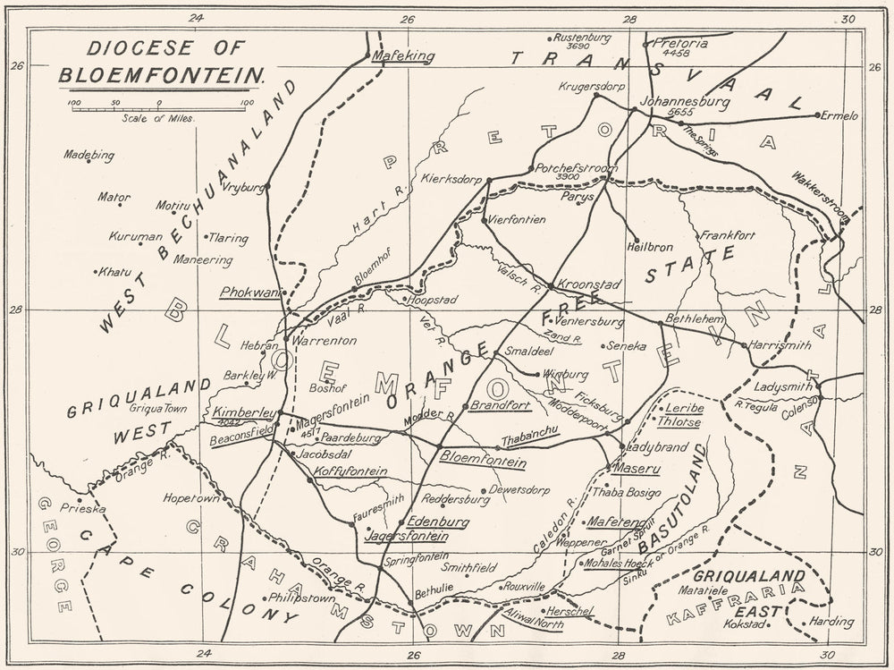 SOUTH AFRICA. Diocese of Bloemfontein; Missions stations church work 1922 map