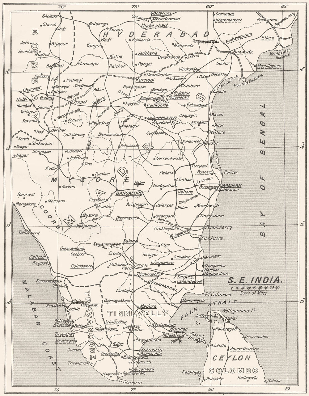 INDIA. South- east; SPG Mission Stations- Other C. of E.  1922 old antique map