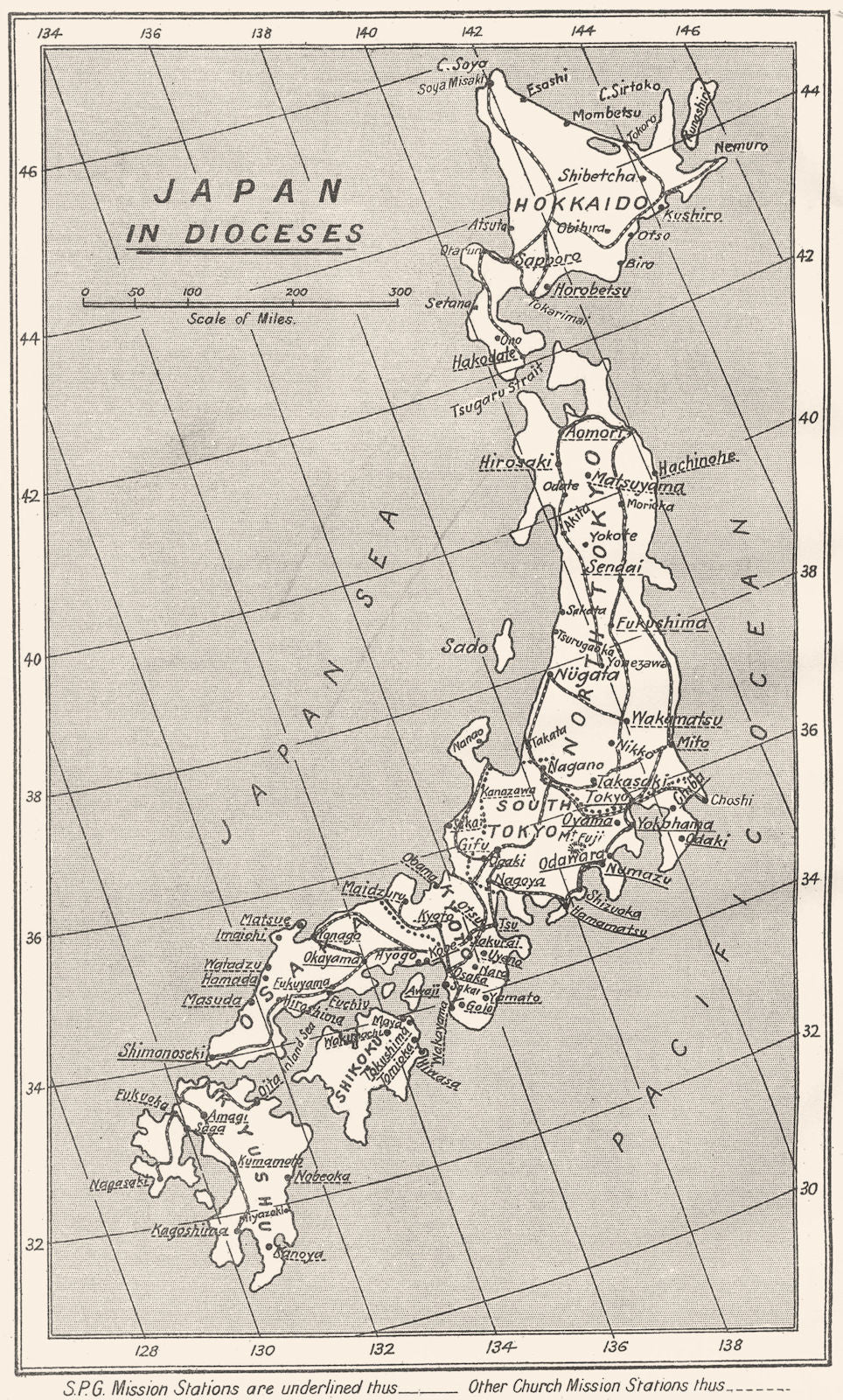 JAPAN. In Dioceses; S. . Mission Stations- Other Church thus 1922 old map