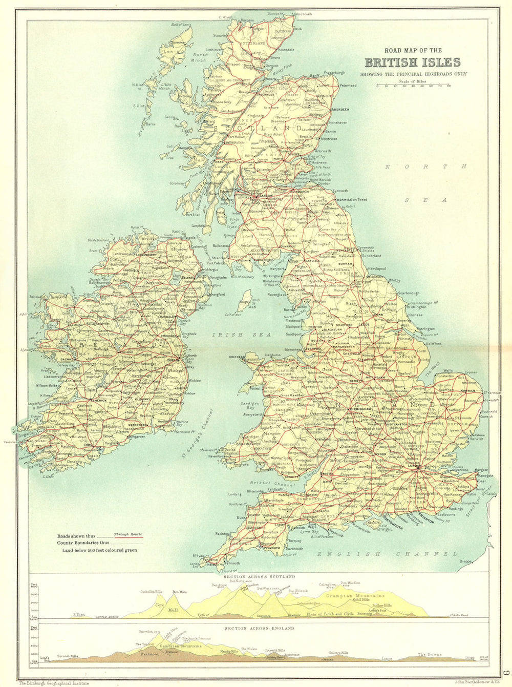 BRITISH ISLES. Road map. Main roads. Sections across Scotland & England 1909
